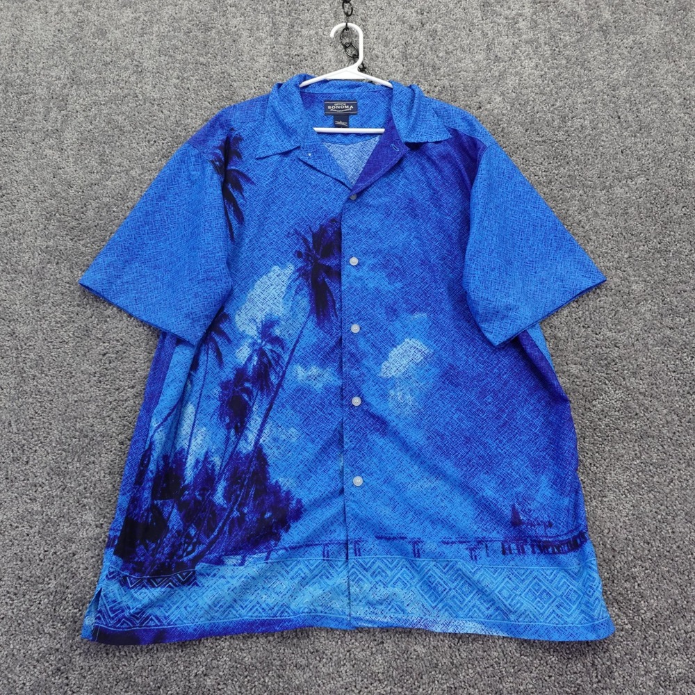 Sonoma Button Down Shirt Mens Large Blue Tropical Palm Tree Hawaiian Short Slv